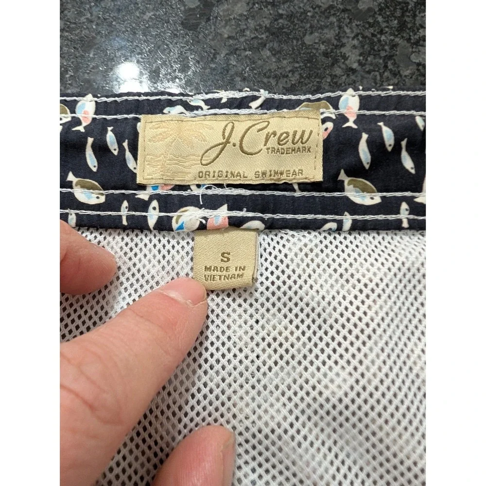 J Crew Swim Trunks Mens Size S Fish‎ Print Navy Blue Liberty Fabric Board Shorts